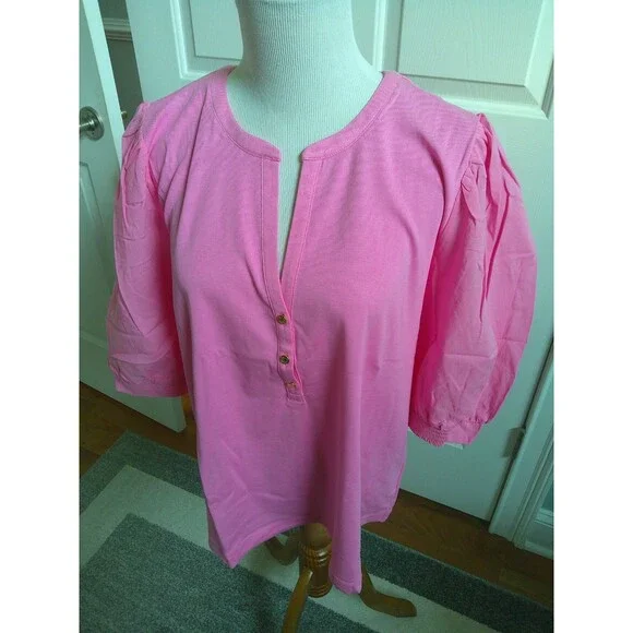 NWT Lilly Pulitzer Ronson Knit Top Confetti Pink  Split V Neck Gold Buttons XXL