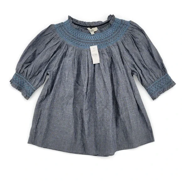 LOFT Womens Small Blouse Cotton Blue Smocked Peasant Puff‎ Sleeve NWT