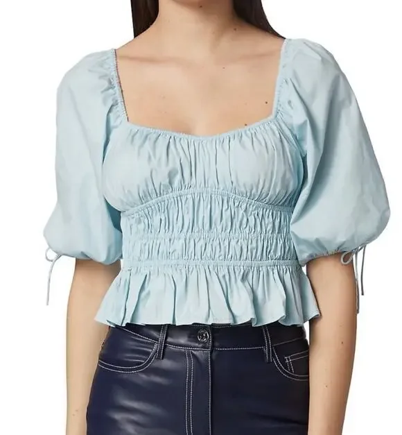 STAUD Blouse Light Blue Faye Gathered Puff-Sleeve Cotton Stretch New