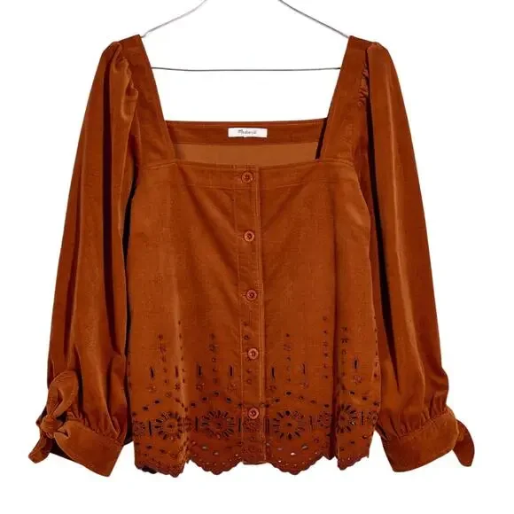 Madewell Embroidered Eyelet Corduroy Tie-Sleeve Top, Warm Coffee, Size Small