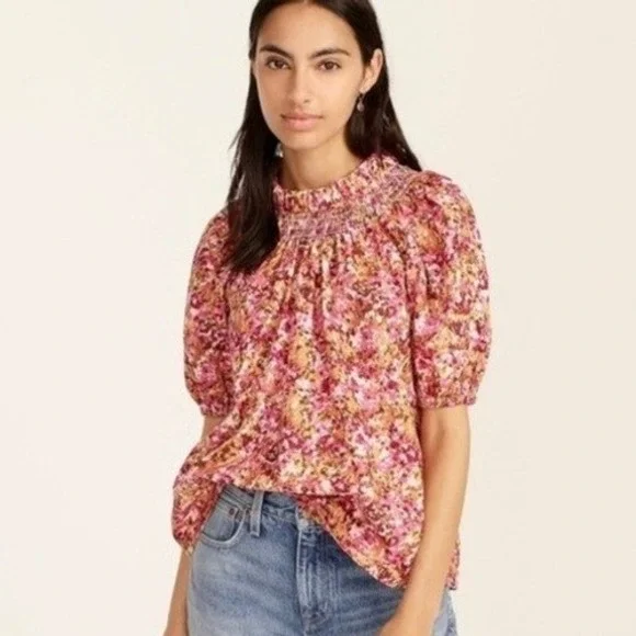 J.Crew Smocked Neck Puff Sleeve Top XS Pink Floral Lace Back Blouse