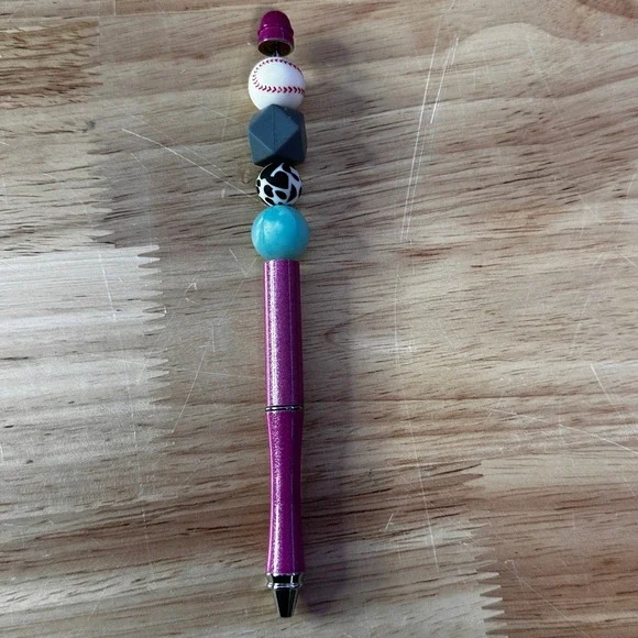 Custom Beaded Ballpoint Pen Purple Glitter Baseball Cow Print Silicone Beads