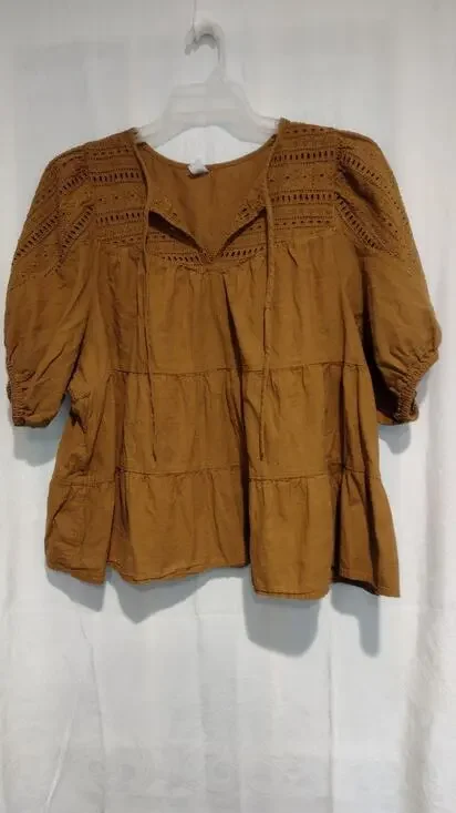 Old Navy XXL Brown Eyelet Peasant Top Puff Sleeves Boho Cottagecore Prairie