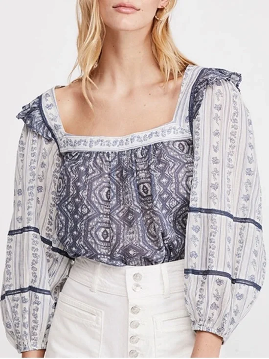 Free People Mostly Meadow Blouse Small Blue White Peasant Summer Cottagecore