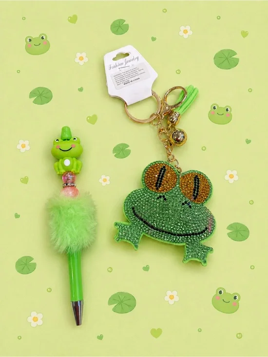 Handmade frog beaded pen with a Green rhinestone frog keychain/bag charm