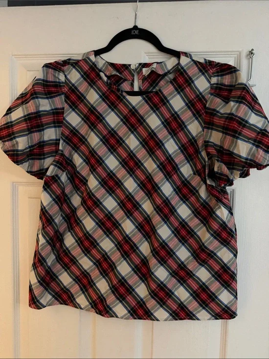 J. Crew Diagonal Plaid Puff-Sleeve Blouse - Red, Blue & White