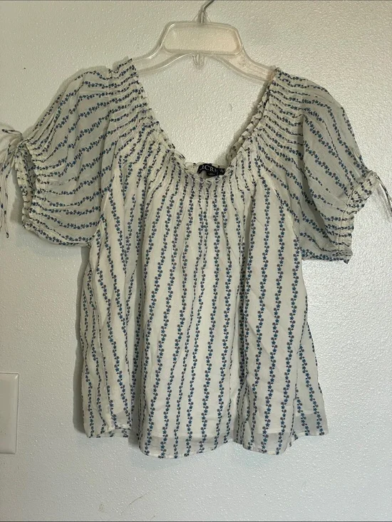 J. Crew Cream Blouse with Blue Floral Stripe Detail