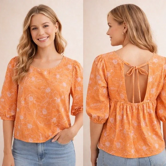 LOFT Orange Floral Embroidered Open Back‎ Puff Sleeve Top XL NWT 36722396