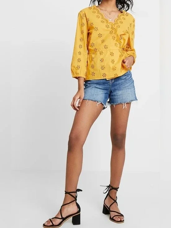 Madewell Wrap Blouse Yellow Scalloped Eyelet Size L