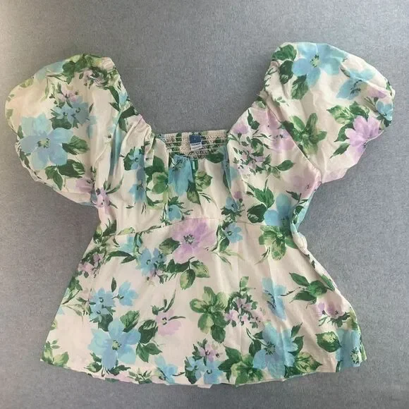 Old Navy Puff Sleeve Floral Print Peplum Top Size Large