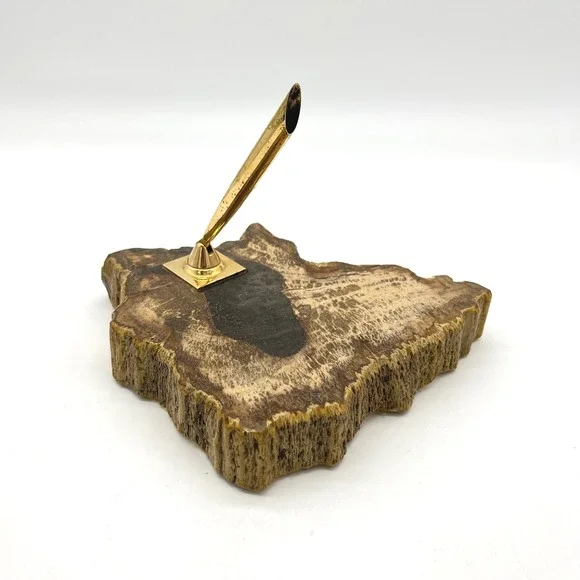 Vintage Petrified Wood Pen Holder with Gold‎ Tone Nib Holder Desk Accessory