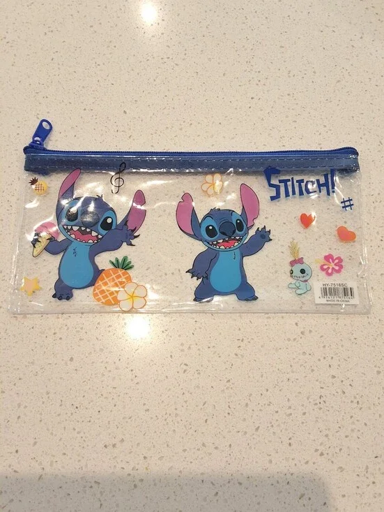 Disney Stitch Clear Transparent PVC Flat Zipper Pouch Pencil Pouch, New
