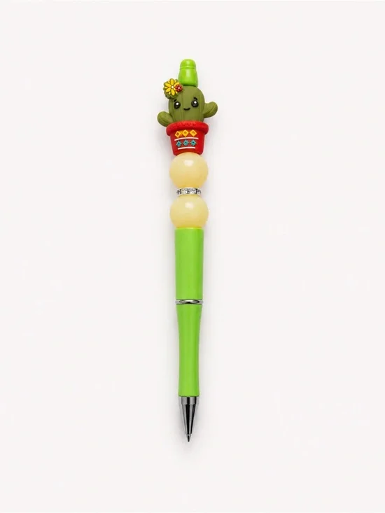 Cute Cactus Topper Ballpoint Pen in Lime Green with Red Planter extra ink