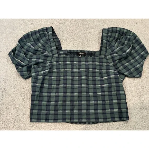 Madewell Green Plaid Puff Sleeve Smocked Crop Top Blouse XS Square Neck
