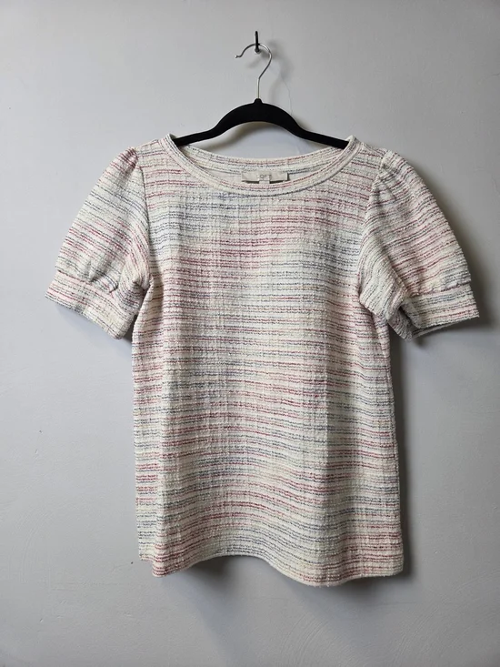 LOFT Cream Tweed Short Sleeve Top with Pink & Blue Stripes