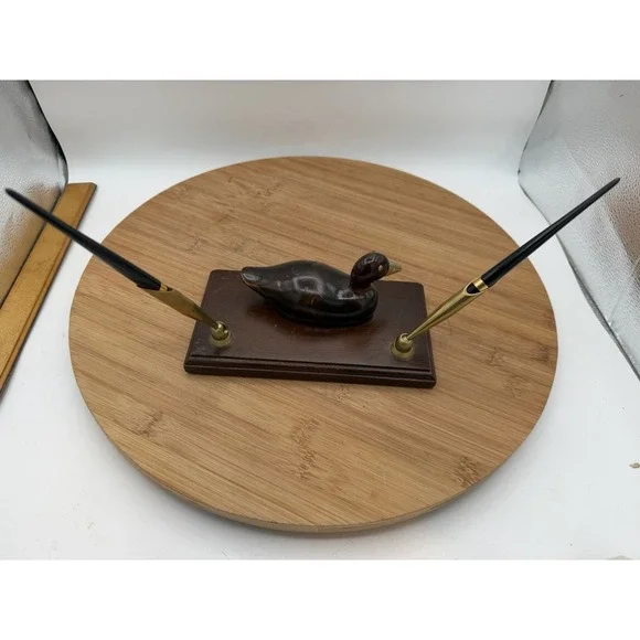 Vintage Pen Holder Desk Set -wooden Duck With Brass‎ Beak And 2 Pens UCGC Taiwan
