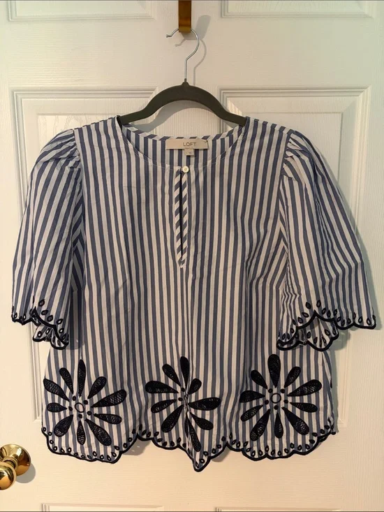 LOFT Navy and White Striped Embroidered Peasant Blouse