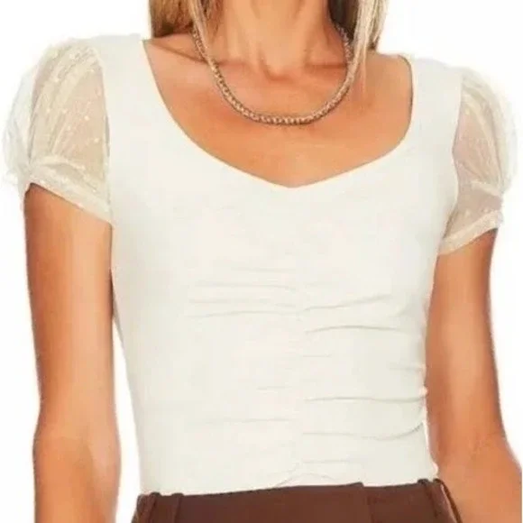 NWT Free People Blush Up Cami sheer polka-dot puff sleeve ruched top size largr