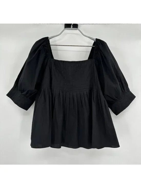Pomander Place by Tuckernuck Black Shaye Blouse sz M Puff Sleeve Pleated PO