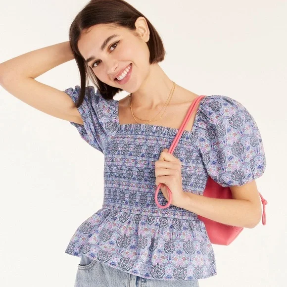 J Crew Smocked squareneck organic cotton top in Liberty Club Nouveau floral