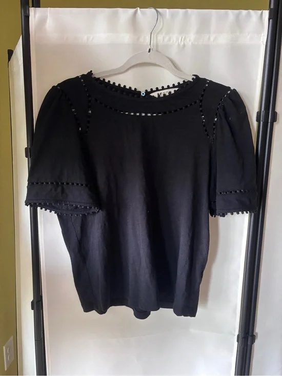 Boden Black Short Sleeve Pom-Pom Trim Blouse