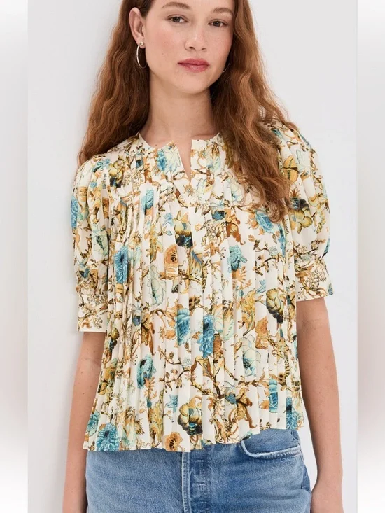 Ulla Johnson Ivory Floral Pintuck Cotton Blouse with Blue & Mustard