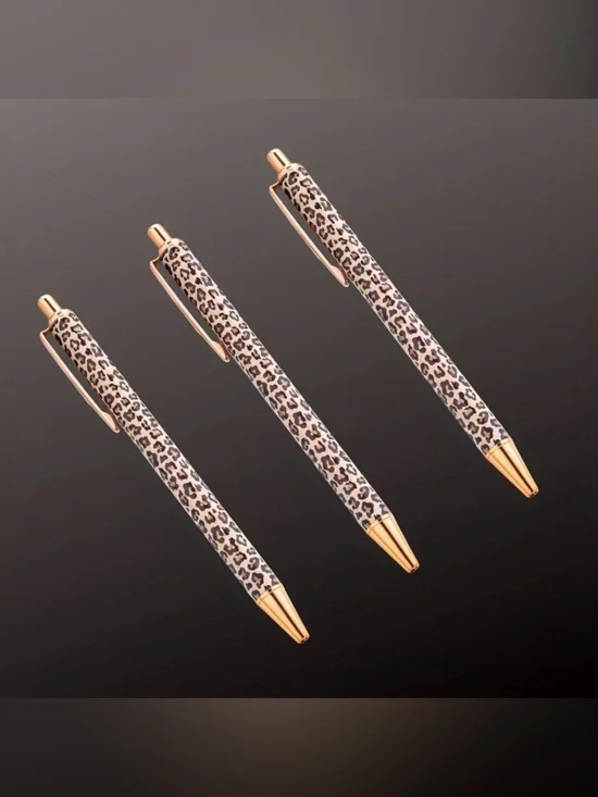 3 Leopard Print Gold-Tone Ballpoint Pens