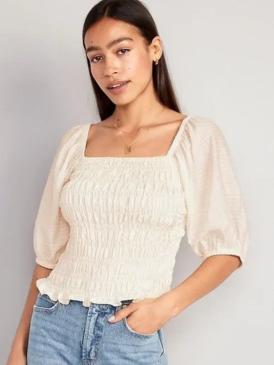 Old Navy Fitted Puff-Sleeve Smocked Top Cream Women’s Large Boho Milkmaid
