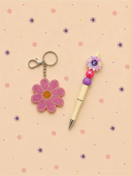 Handmade trendy fashion accessory pen with flower rhinestone keychain