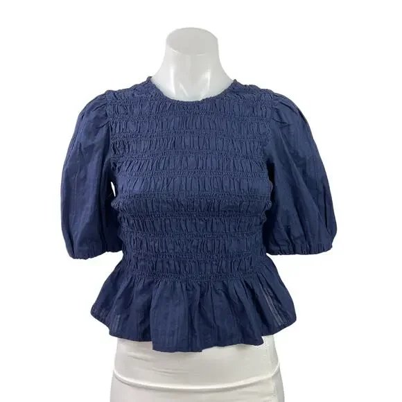 Old Navy Women's Navy Blue Short Puff Sleeve Smocked Peplum Blouse Top Size XS