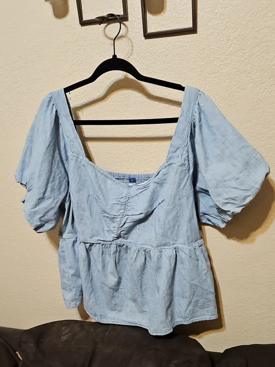 Old Navy Light Blue Square Neck Puff Sleeve Peplum Top