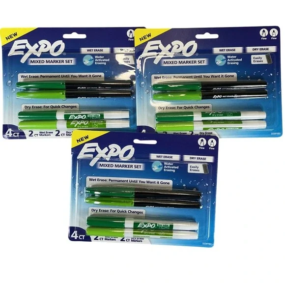 Lot of 3 Expo Mixed Marker Set 4ct Wet Erase‎ Dry Erase Fine Tip Green NEW
