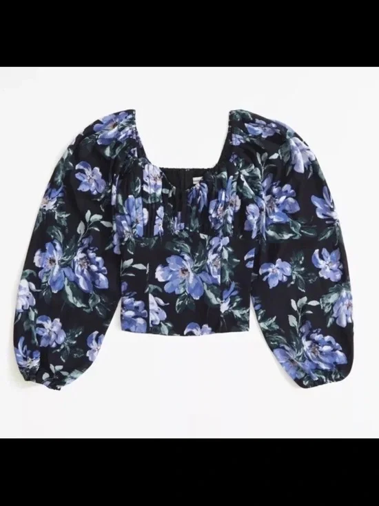 ABERCROMBIE LONG SLEEVE RUCHED PUFF SLEEVE SLIM TOP BLACK FLORAL