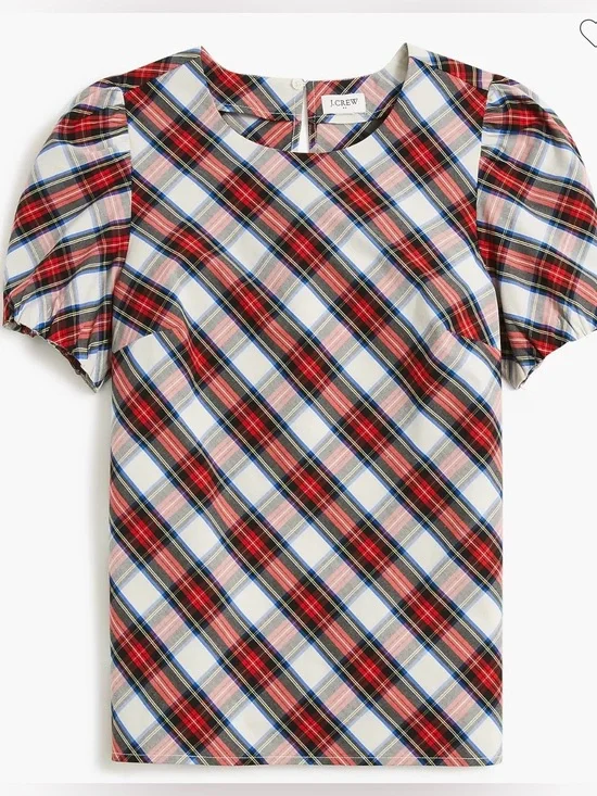 NWT J.CREW Tartan puff-sleeve top