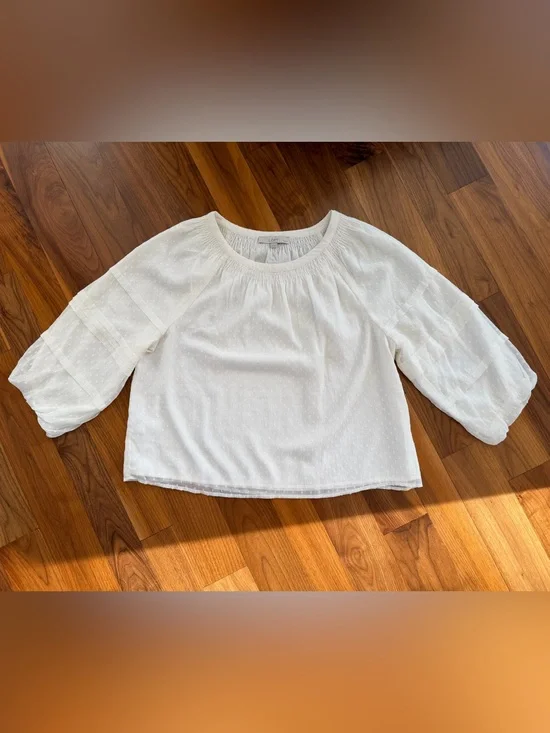 LOFT Ivory White Swiss Dot Smocked Peasant Blouse Tiered Balloon Sleeve Size XLP