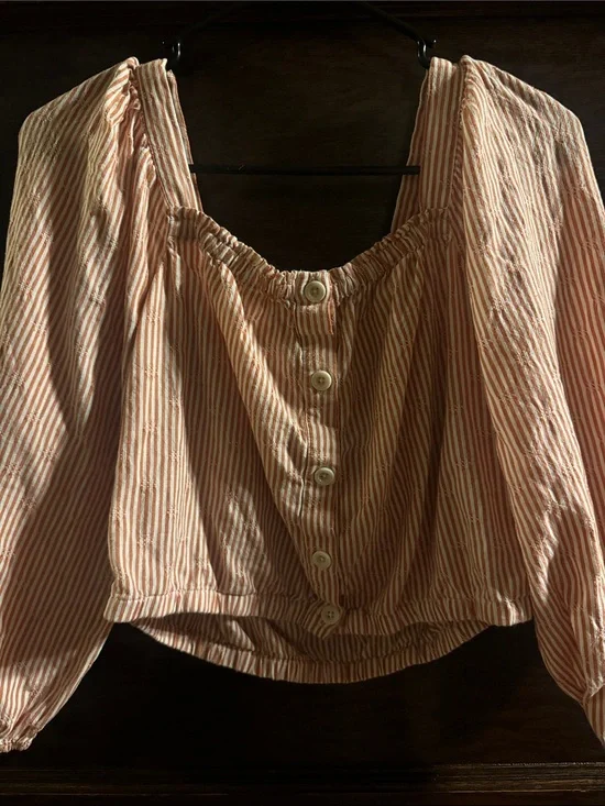 Puff-Sleeve Button-Front Crop Top in Embroidered Stripe