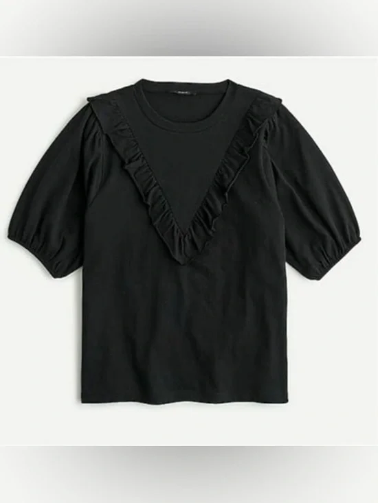 J. Crew Black Ruffled Bib Puff Sleeve Cotton Top