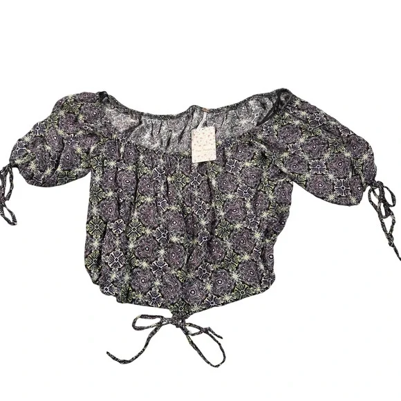 Free People Blouse Womens Medium Multicolor Off Shoulder Crop Peasant Boho Top