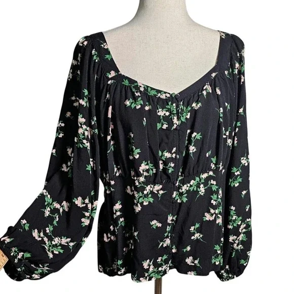 Floral Black Rayon Blouse with Smocked Waist and Blousy Sleeves Size 2x