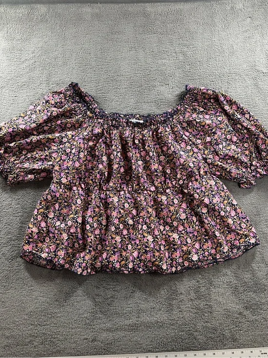 Old Navy Peasant Top Puff Sleeve Navy Floral Print