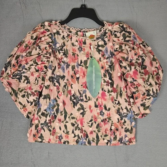 Farm Rio Anthropologie Puff-Sleeve Floral Blouse Womens 2XS Top Button Lace NWT