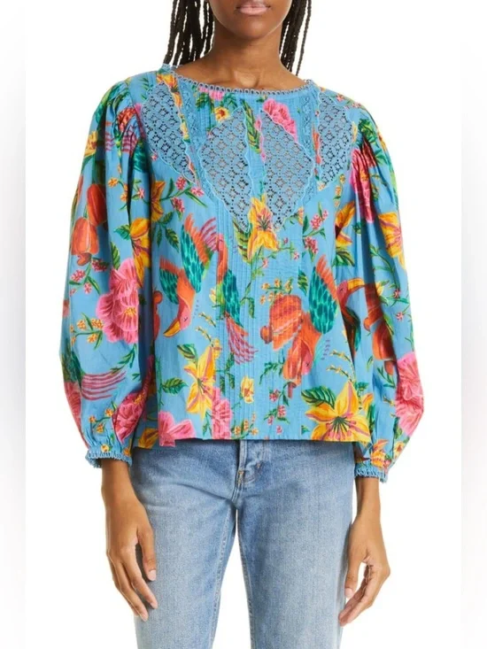 FARM Rio Blue Floral Lace-Trim Puff Sleeve Blouse