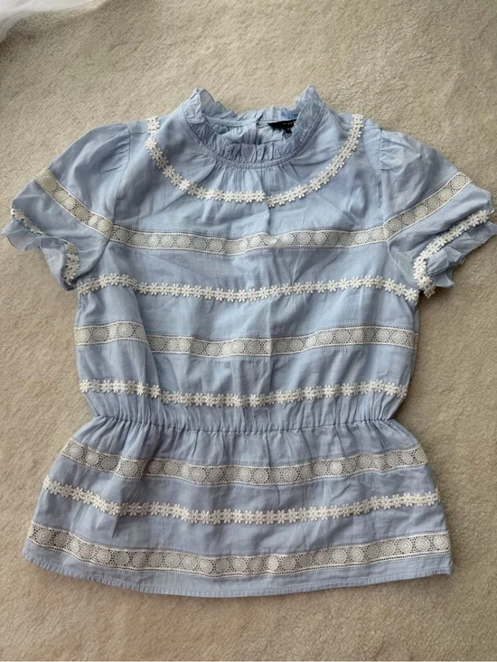 J. Crew Light Blue Lace Trim Ruffle Neck Peplum Top