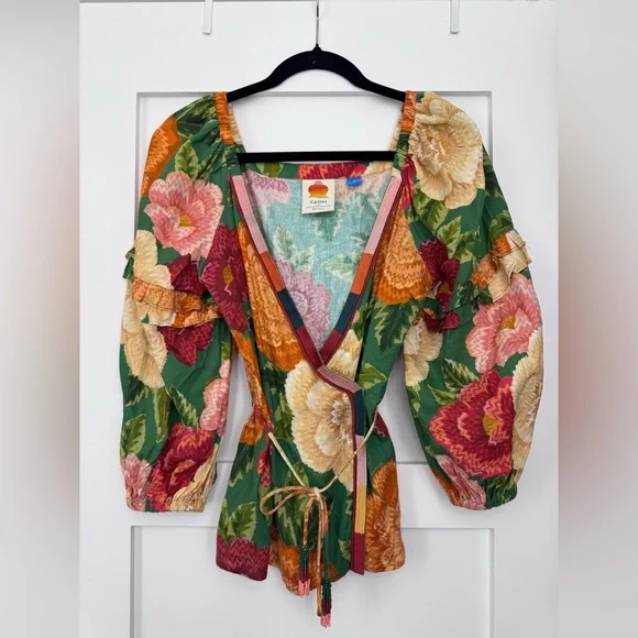 FARM Rio Green Floral Wrap Top with Pink, Yellow & Orange Blooms