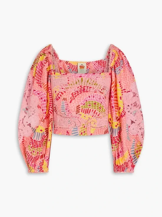 FARM Rio Pink Crochet Lace Puff-Sleeve Crop Top