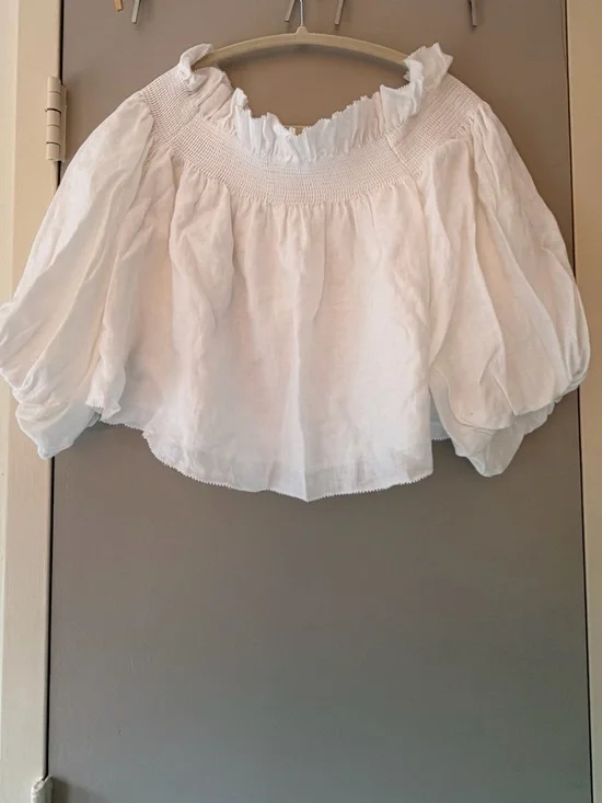 Banana Republic White Smocked Off-Shoulder Puff Sleeve Top