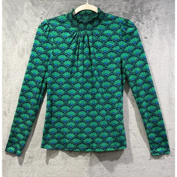 Boden Green Blue Lotus Floral Smocked High Neck Long Sleeve Top US 4
