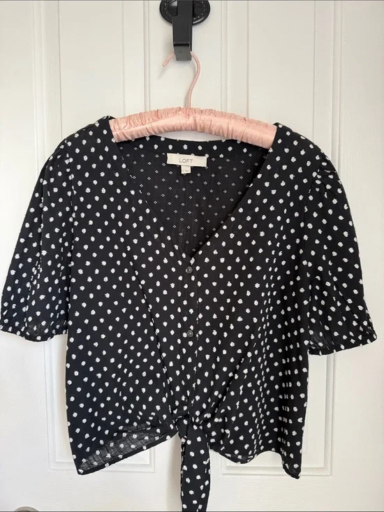 LOFT Black and White Polka Dot Tie-Front Blouse