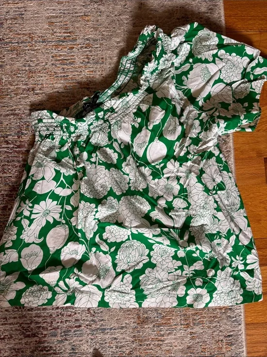 J. Crew Green and White Floral Off-Shoulder Blouse