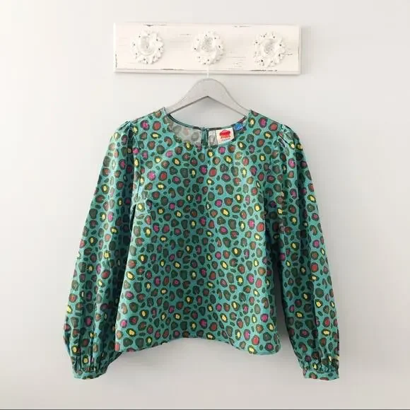 Anthropologie x Farm Rio Hanya Puff Sleeve Blouse Turquoise Colorful Leopard NEW